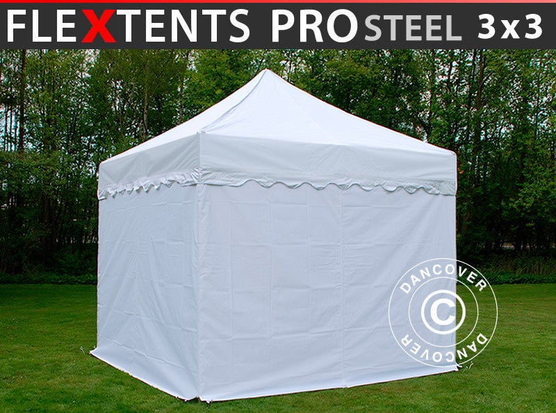 Quick-up telt FleXtents PRO Steel "Wave" 3x3m Hvit, inkl. 4 sider