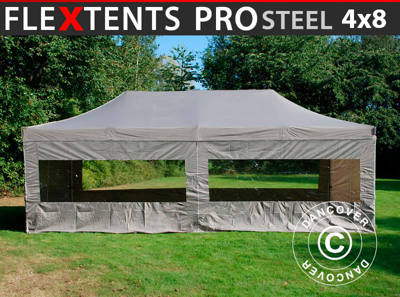Quick-up telt FleXtents PRO Steel 4x8m Latte, inkl. 6 sider