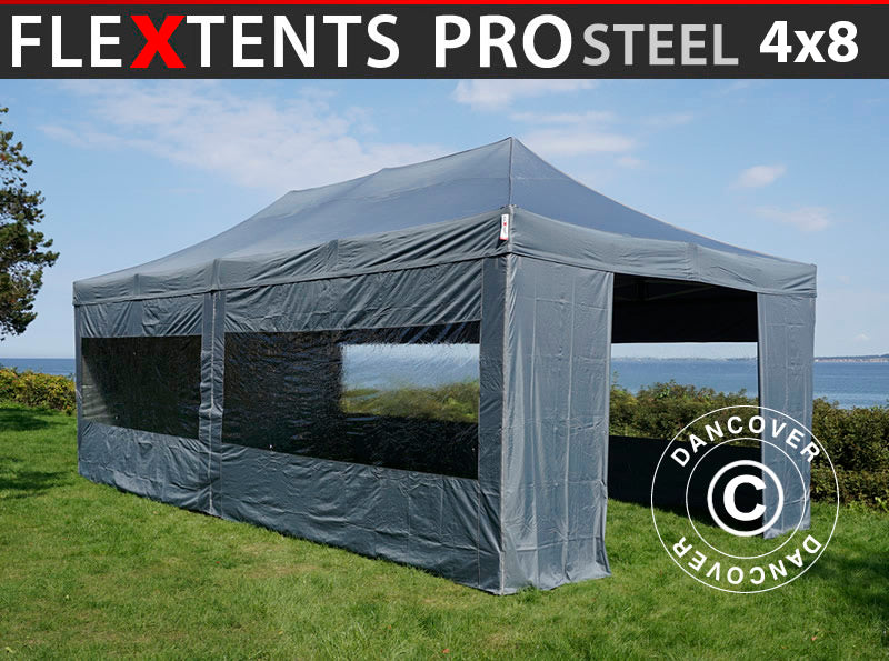 Quick-up telt FleXtents PRO Steel 4x8m Grå, inkl. 6 sider