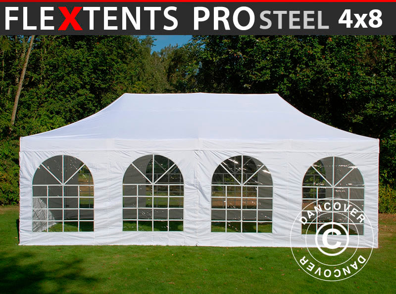 Quick-up telt FleXtents PRO Steel Vintage Style 4x8m Hvit, inkl. 6 sider