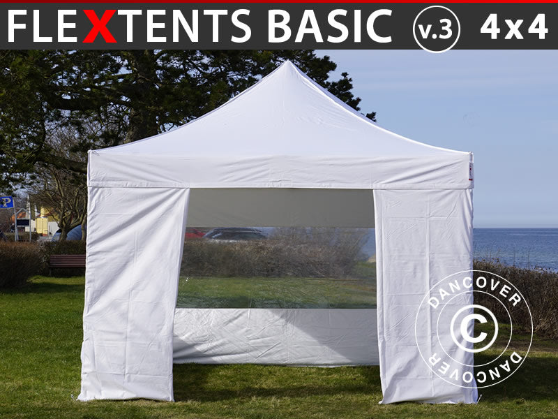 Quick-up telt FleXtents Basic v.3, 4x4m Hvit, inkl. 4 sider