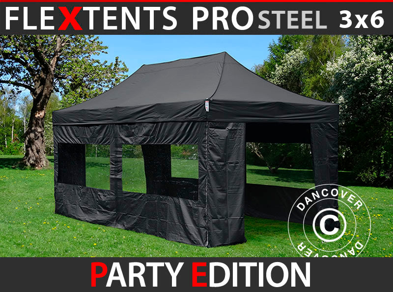 Quick-up telt FleXtents PRO Steel 3x6m Svart, inkl. 6 sider