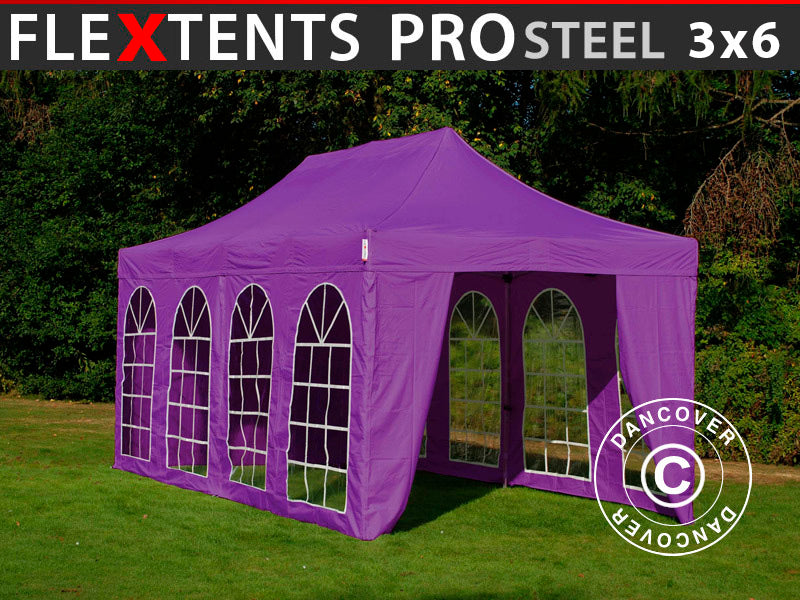 Quick-up telt FleXtents PRO Steel Vintage Style 3x6m Lilla, inkl. 6 sider