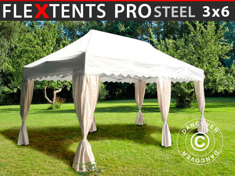 Quick-up telt FleXtents PRO Steel "Wave" 3x6m Hvit, inkl. 6 dekorative gardiner