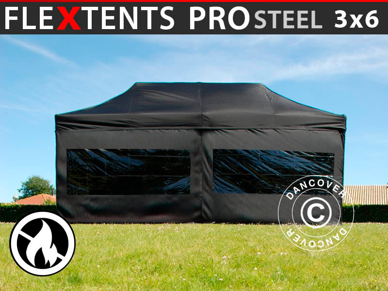 Quick-up telt FleXtents PRO Steel 3x6m Svart, Flammehemmende, inkl. 6 sider