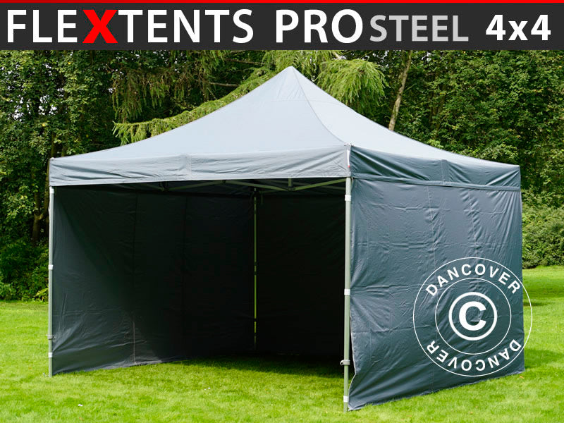 Quick-up telt FleXtents PRO Steel 4x4m Grå, inkl. 4 sider