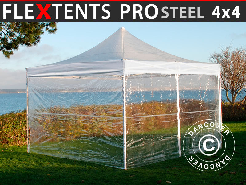 Quick-up telt FleXtents PRO Steel 4x4m Transparent, inkl. 4 sider