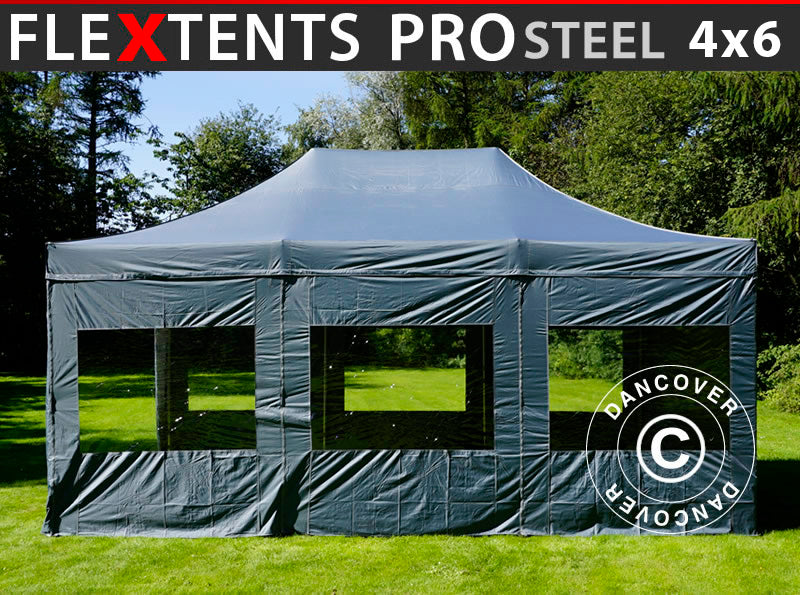 Quick-up telt FleXtents PRO Steel 4x6m Grå, inkl. 8 sider