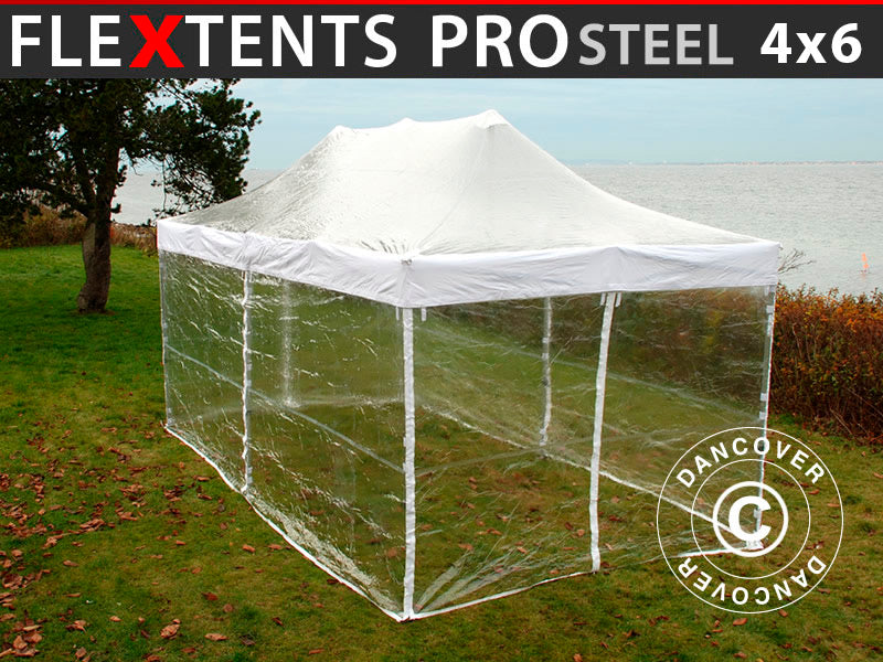 Quick-up telt FleXtents PRO Steel 4x6m Transparent, inkl. 8 sider