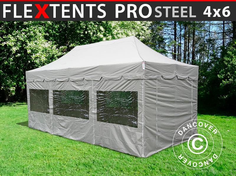 Quick-up telt FleXtents PRO Steel "Peaked" 4x6m Latte, inkl. 8 sider