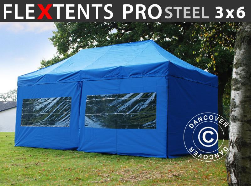 Quick-up telt FleXtents PRO Steel 3x6m Blå, inkl. 6 sider