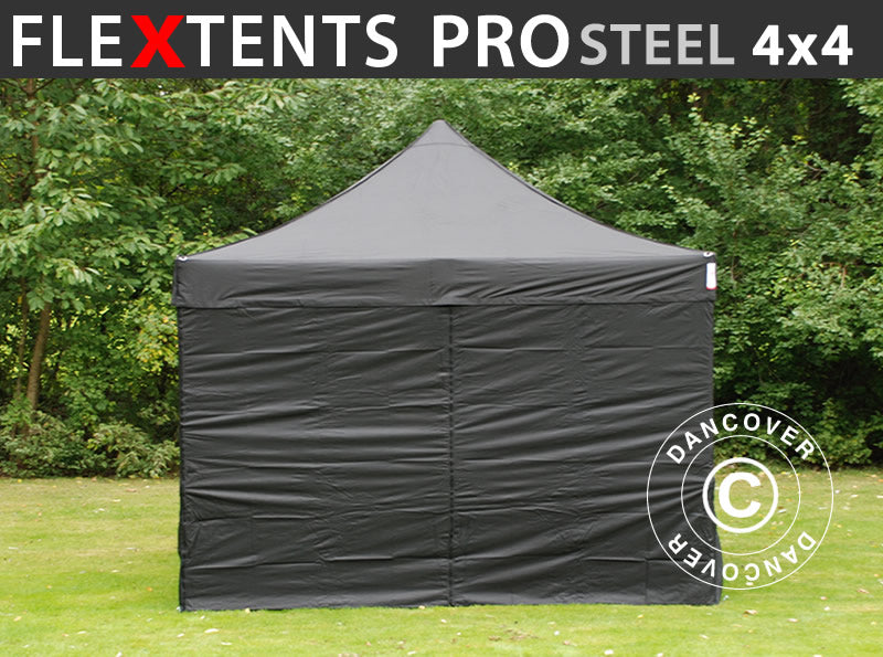 Quick-up telt FleXtents PRO Steel 4x4m Svart, inkl. 4 sider