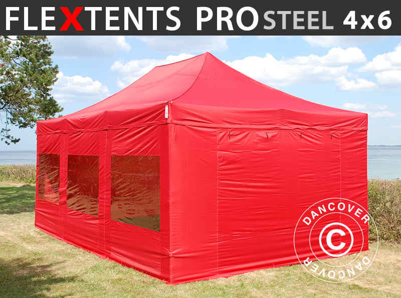 Quick-up telt FleXtents PRO Steel 4x6m Rød, inkl. 8 sider