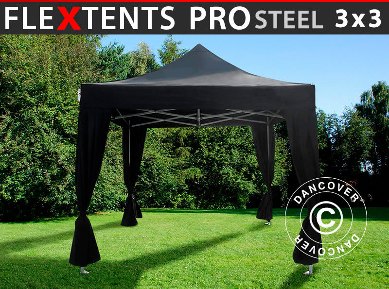 Quick-up telt FleXtents PRO Steel 3x3m Svart, inkl. 4 dekorative gardiner