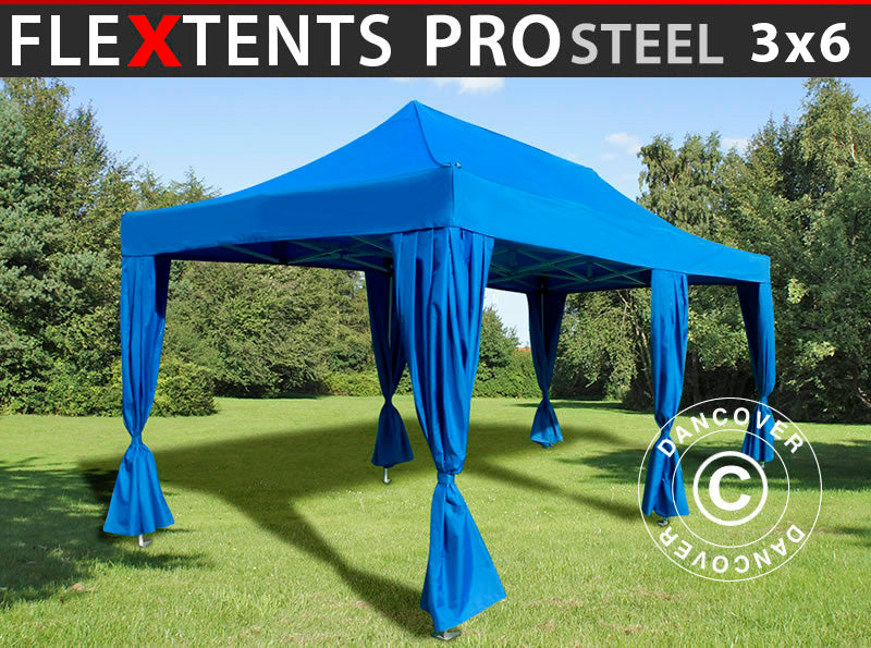 Quick-up telt FleXtents PRO Steel 3x6m Blå, inkl. 6 dekorative gardiner