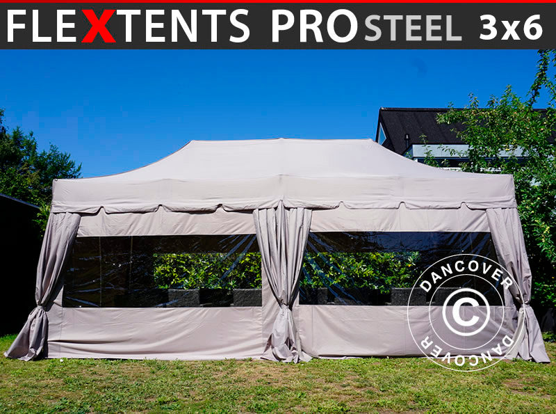 Quick-up telt FleXtents PRO Steel “Peaked” 3x6m Latte, inkl. 6 sidevegger og 6 pyntegardiner