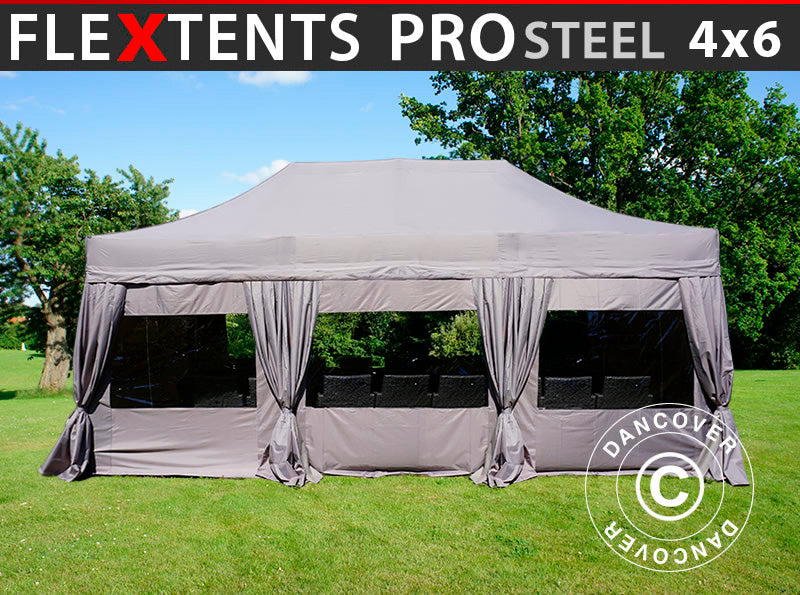 Quick-up telt FleXtents PRO Steel 4x6m Latte, inkl. 8 sider & dekorative gardiner