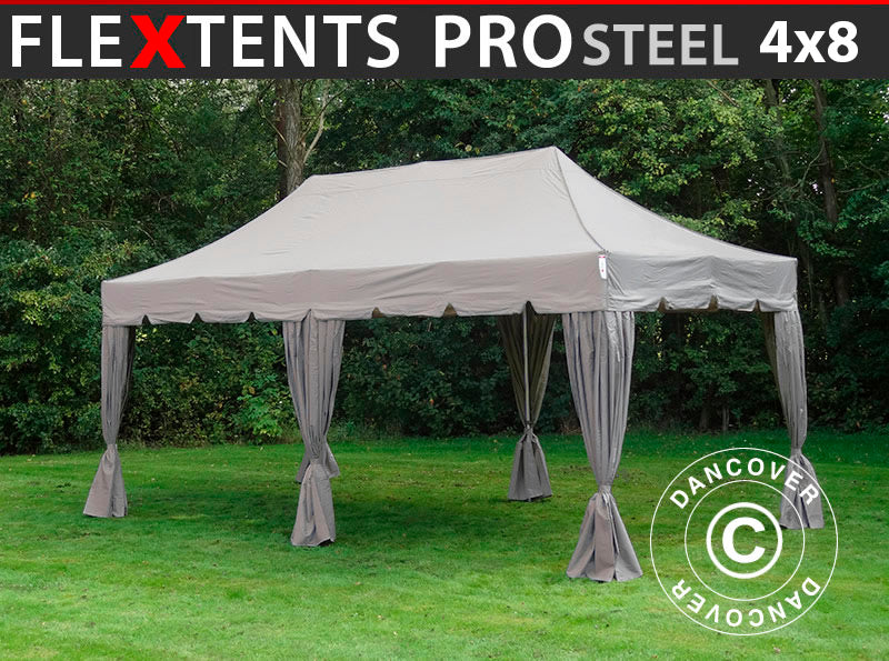 Quick-up telt FleXtents PRO Steel "Peaked" 4x8m Latte, inkl. 6 dekorative gardiner