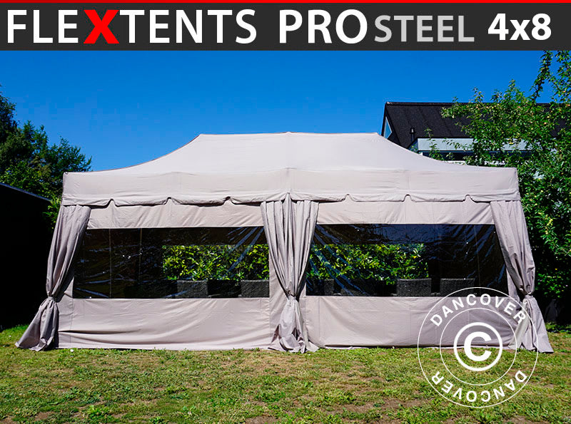 Quick-up telt FleXtents PRO Steel “Peaked” 4x8m Latte, inkl. 6 sidevegger og 6 pyntegardiner
