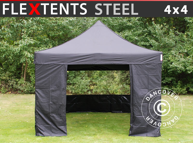 Quick-up telt FleXtents Steel 4x4m Svart, inkl. 4 sider