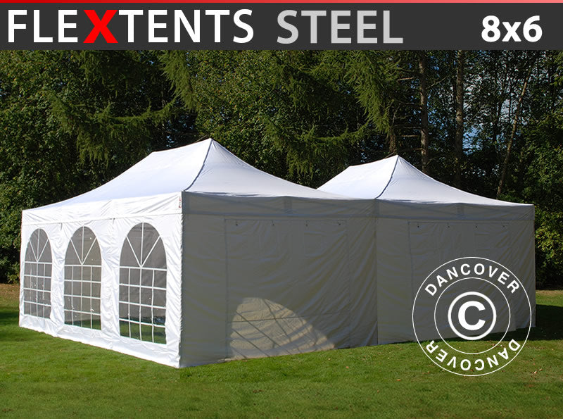 Quick-up telt FleXtents Steel 8x6m Hvit, inkl. 8 sidevegger
