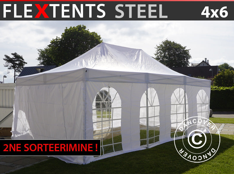 Quick-up telt FleXtents Steel 4x6m Hvit, inkl. 4 sider. NB! 2. Sortering