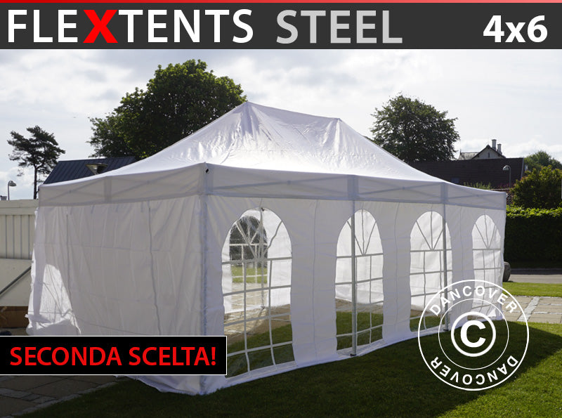 Quick-up telt FleXtents Steel 4x6m Hvit, inkl. 4 sider. NB! 2. Sortering