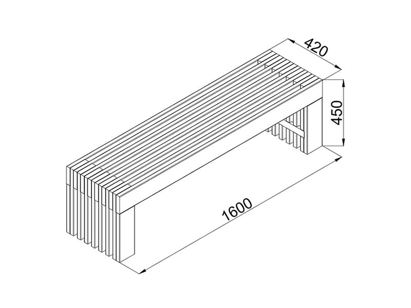 Benk av tre, 1,6x0,42x0,45m, Brun