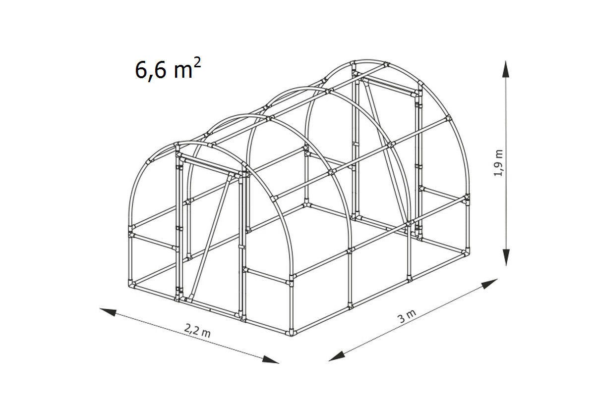 Polytunnel Drivhus 130, 2,2x3x1,9m, 6,6m², Transparent