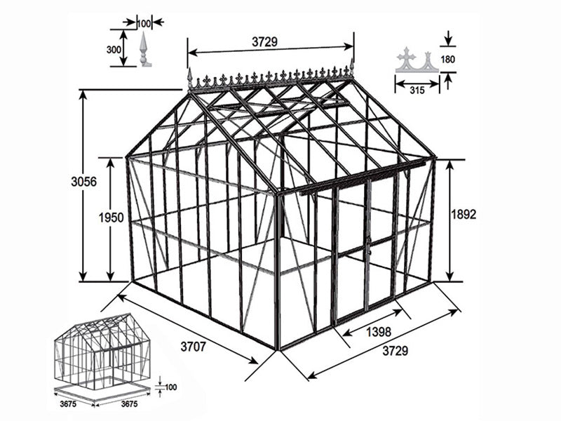 Orangeri, drivhus i glas 13,8m², 3,73x3,71x3,16mm/sokkel og takdekor, Svart