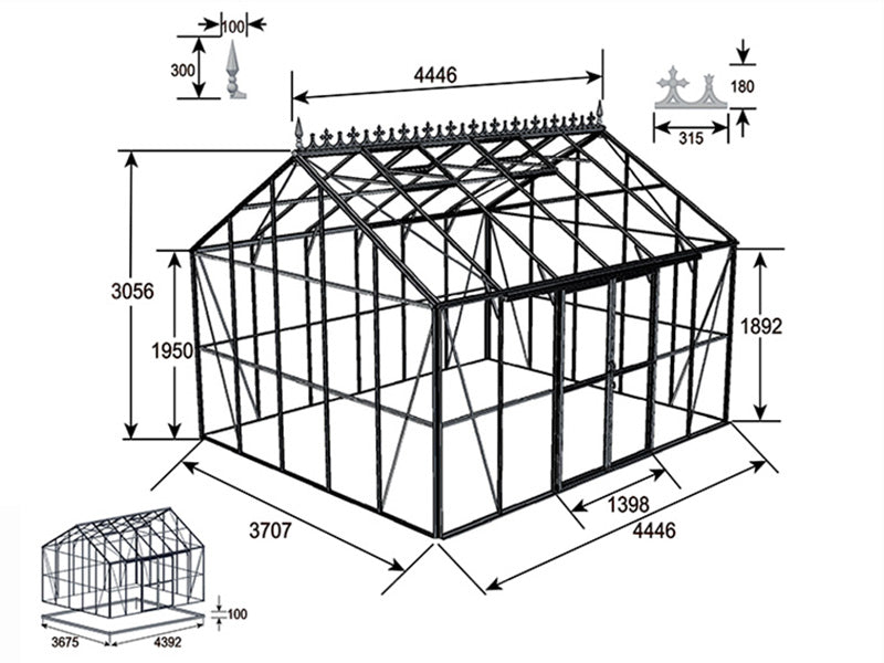 Orangeri, drivhus in glas 16,5m², 4,45x3,71x3,16mm/sokkel og takdekor, Svart