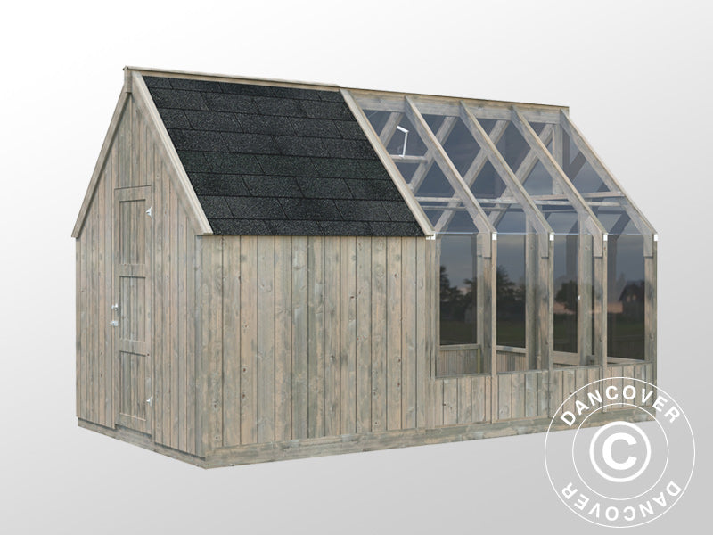 Drivhus/hagepaviljong i tre m/bod, 2,4x4,31x2,83m, 9,4m², Grå