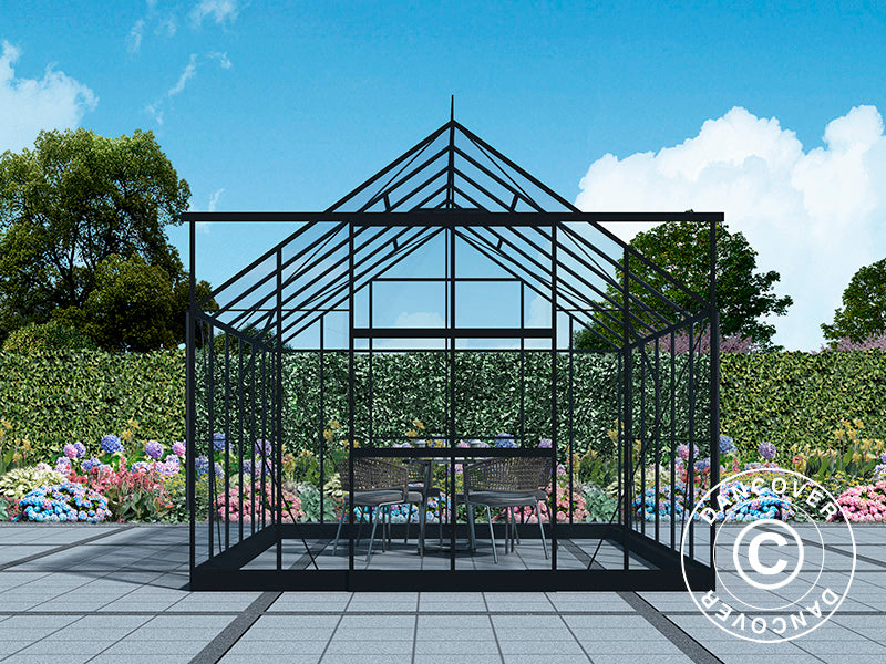 Drivhus i glass 3x3,68x2,6m m/sokkel og takdekor, 11,04m², Svart