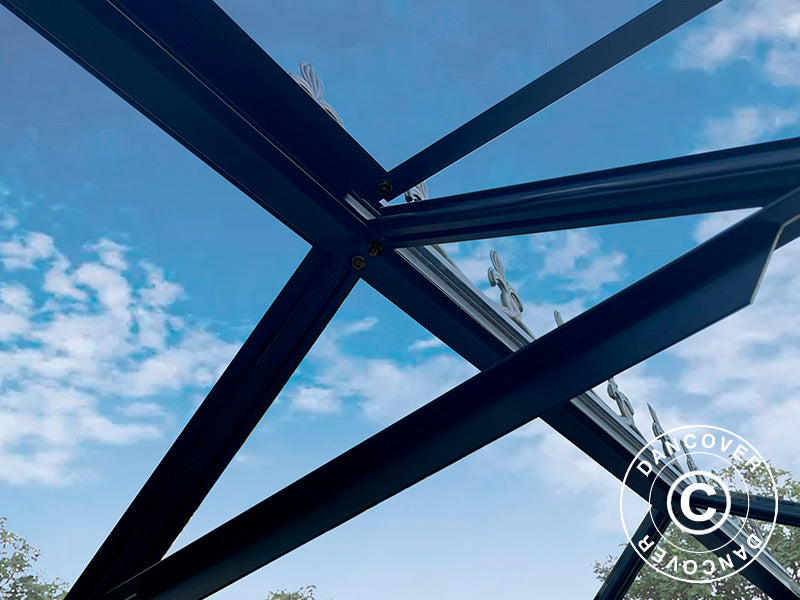 Drivhus i glass 3x3,68x2,6m m/sokkel og takdekor, 11,04m², Svart