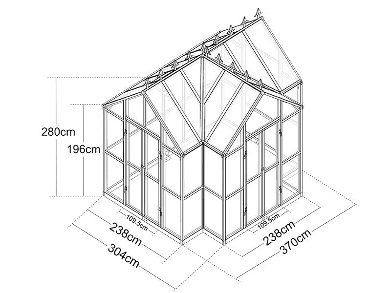 Orangeri i glass 10,37m², 3,7x3,04x2,8m m/sokkel og takdekor, Svart