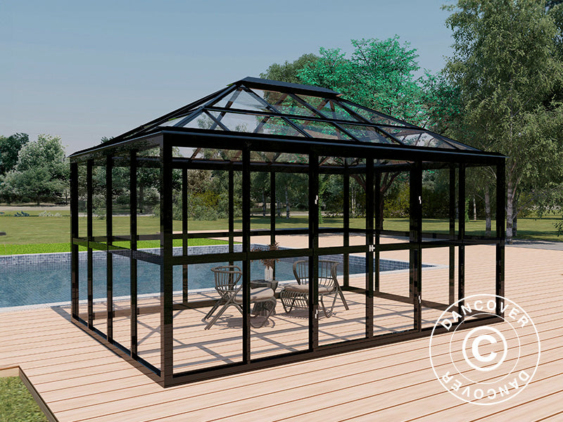 Orangeri i glass 12,3m², 4,27x2,88x2,75mm/sokkel, Svart. NB! Andresortering!
