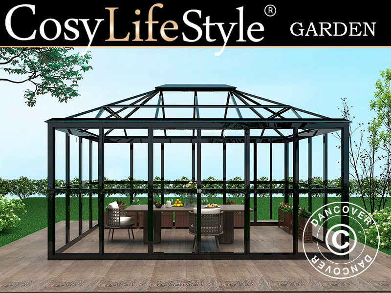 Orangeri i glass 12,3m², 4,27x2,88x2,75mm/sokkel, Svart. NB! Andresortering!