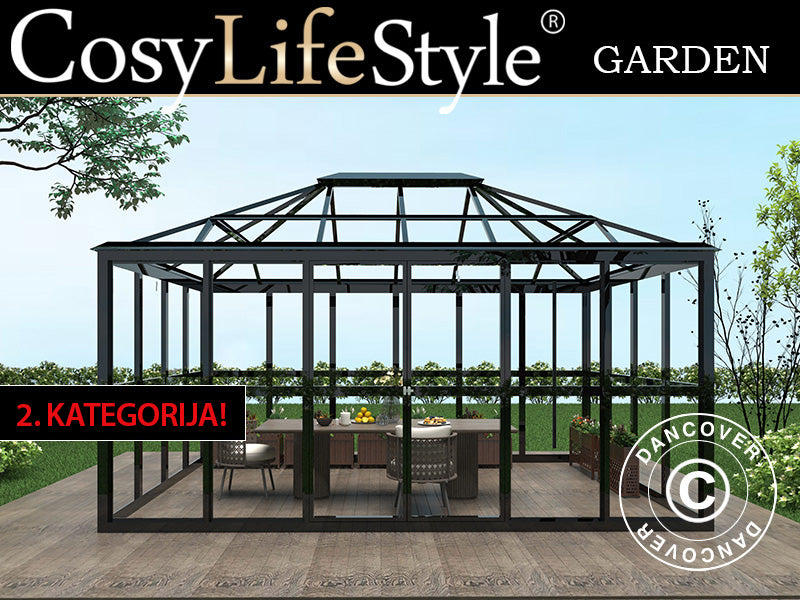 Orangeri i glass 12,3m², 4,27x2,88x2,75mm/sokkel, Svart. NB! Andresortering!