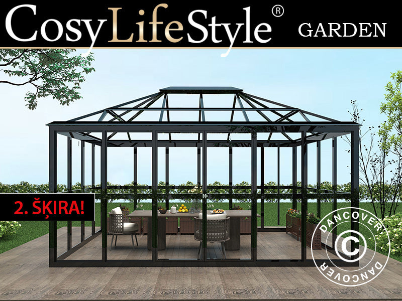 Orangeri i glass 12,3m², 4,27x2,88x2,75mm/sokkel, Svart. NB! Andresortering!