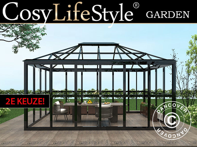 Orangeri i glass 12,3m², 4,27x2,88x2,75mm/sokkel, Svart. NB! Andresortering!