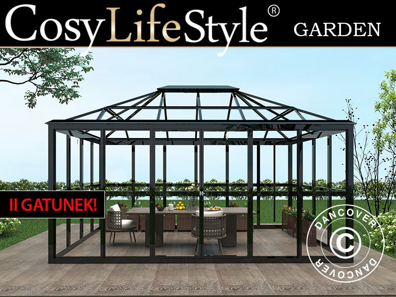 Orangeri i glass 12,3m², 4,27x2,88x2,75mm/sokkel, Svart. NB! Andresortering!