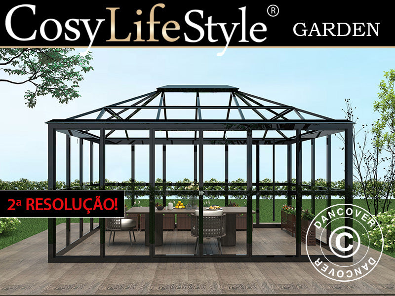 Orangeri i glass 12,3m², 4,27x2,88x2,75mm/sokkel, Svart. NB! Andresortering!