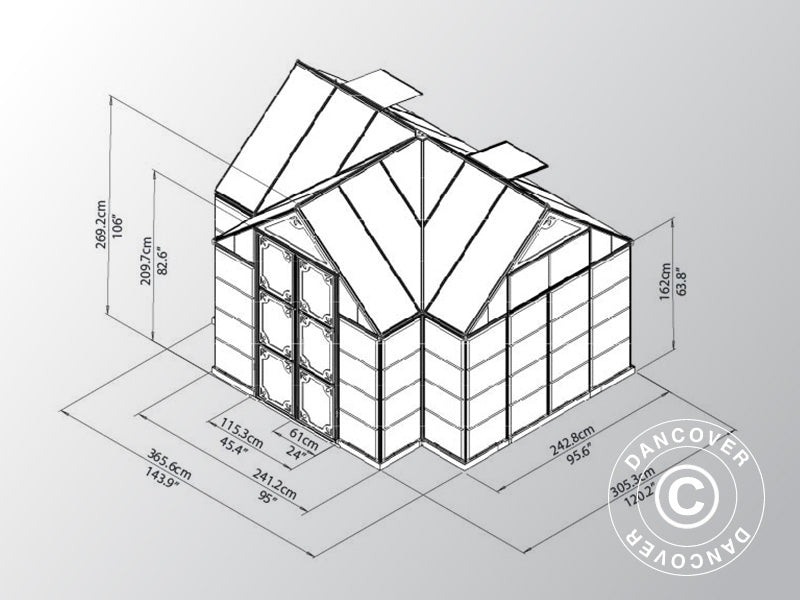 Orangeri polykarbonat VICTORY, 10,41m&sup2;, Palram/Canopia, 3,66x3,05x2,69m, Gr&aring;
