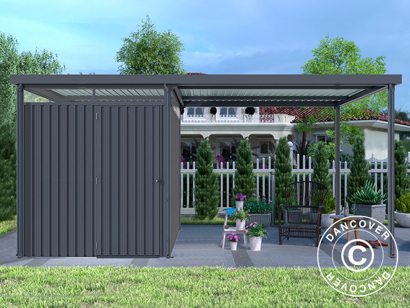 Redskapsbod m/takvindu + overheng, 4,9x2,45x2,26m,&nbsp;12,0m²,&nbsp;Antrasitt