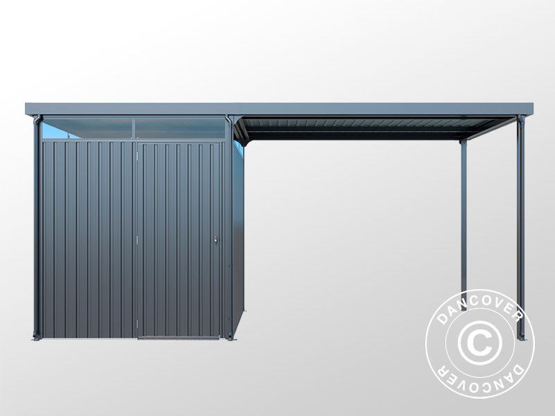 Redskapsbod m/takvindu + overheng, 4,9x2,45x2,26m,&nbsp;12,0m²,&nbsp;Antrasitt