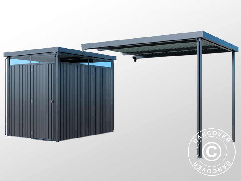 Redskapsbod m/takvindu + overheng, 4,9x2,45x2,26m, 12,0m², Antrasitt