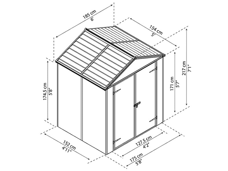 Redskapsbod polykarbonat Rubicon, Palram/Canopia, 1,85x1,54x2,17m, 2,8m², Antrasitt