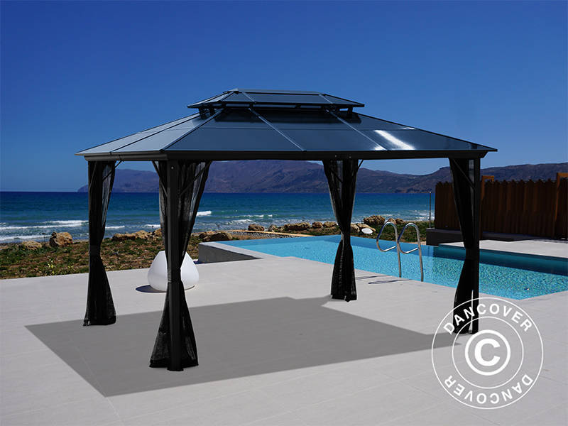 Paviljong Santa Ana m/gardiner og myggnetting, 3x4m, Svart