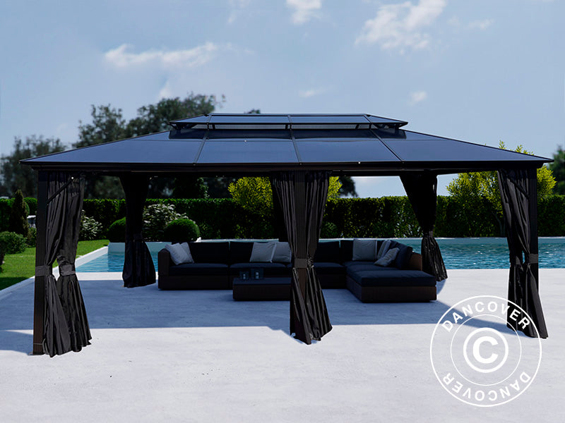 Paviljong Santa Ana m/gardiner og myggnetting, 3,65x6m, Svart