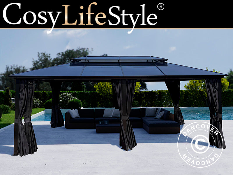 Paviljong Santa Ana m/gardiner og myggnetting, 3,65x6m, Svart